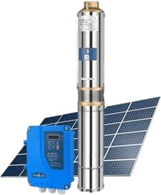Bomba sumergible solar con su controlador y paneles