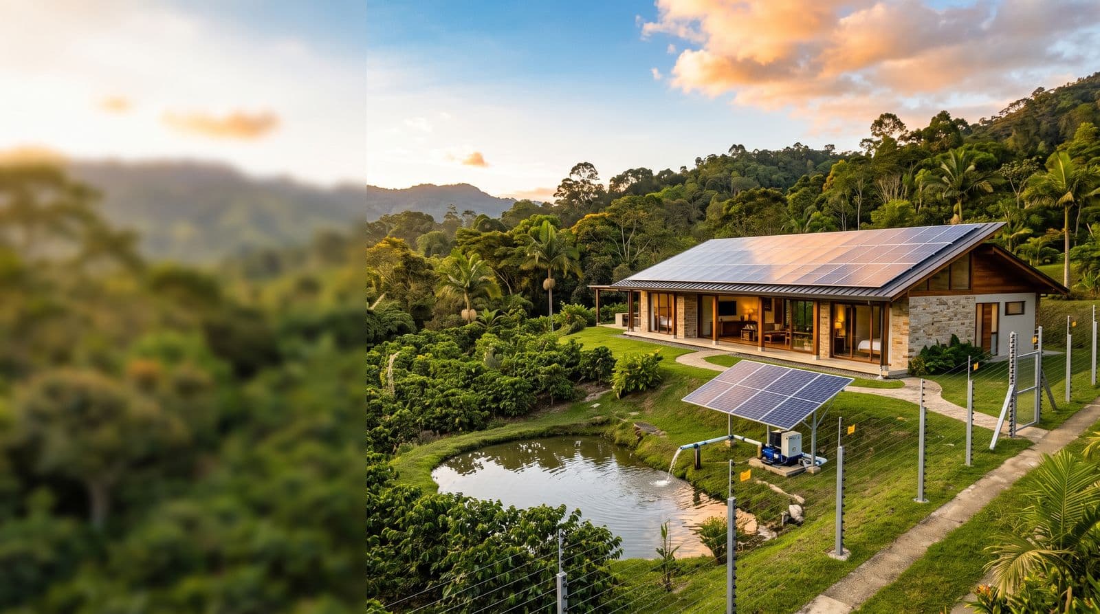 Finca con paneles solares en la cubierta de la vivienda, un panel a suelo alimentando una bomba solar que vierte agua a un reservorio, y cerca eléctrica en el perímetro